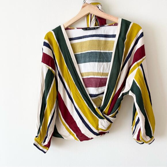 Zara multicolor wrap top blouse size M 3/4 sleeves - Picture 2 of 7